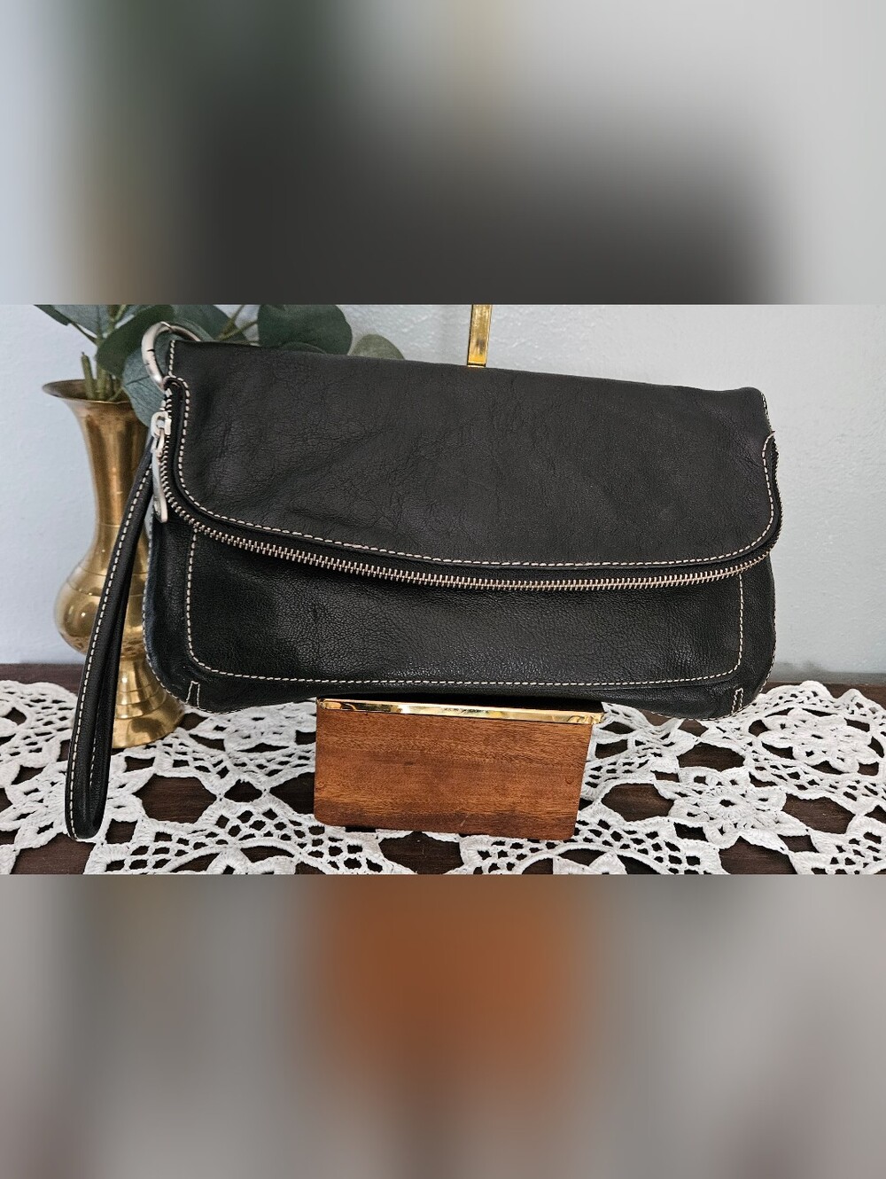 Talbots Black Sleek Minimalist Chic Genuine Leather Foldover Clutch Wristlet bag